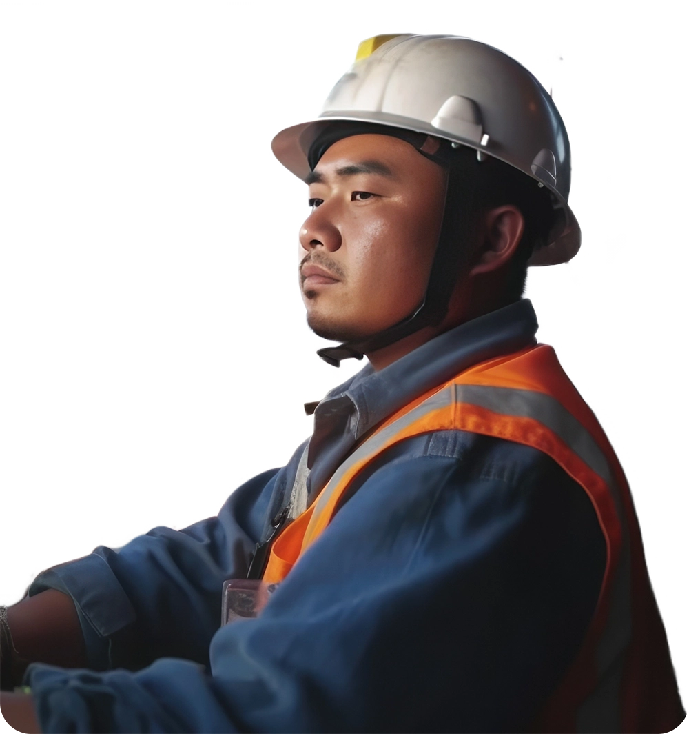 Mongolian construction worker wearing a hardhat and construction vest