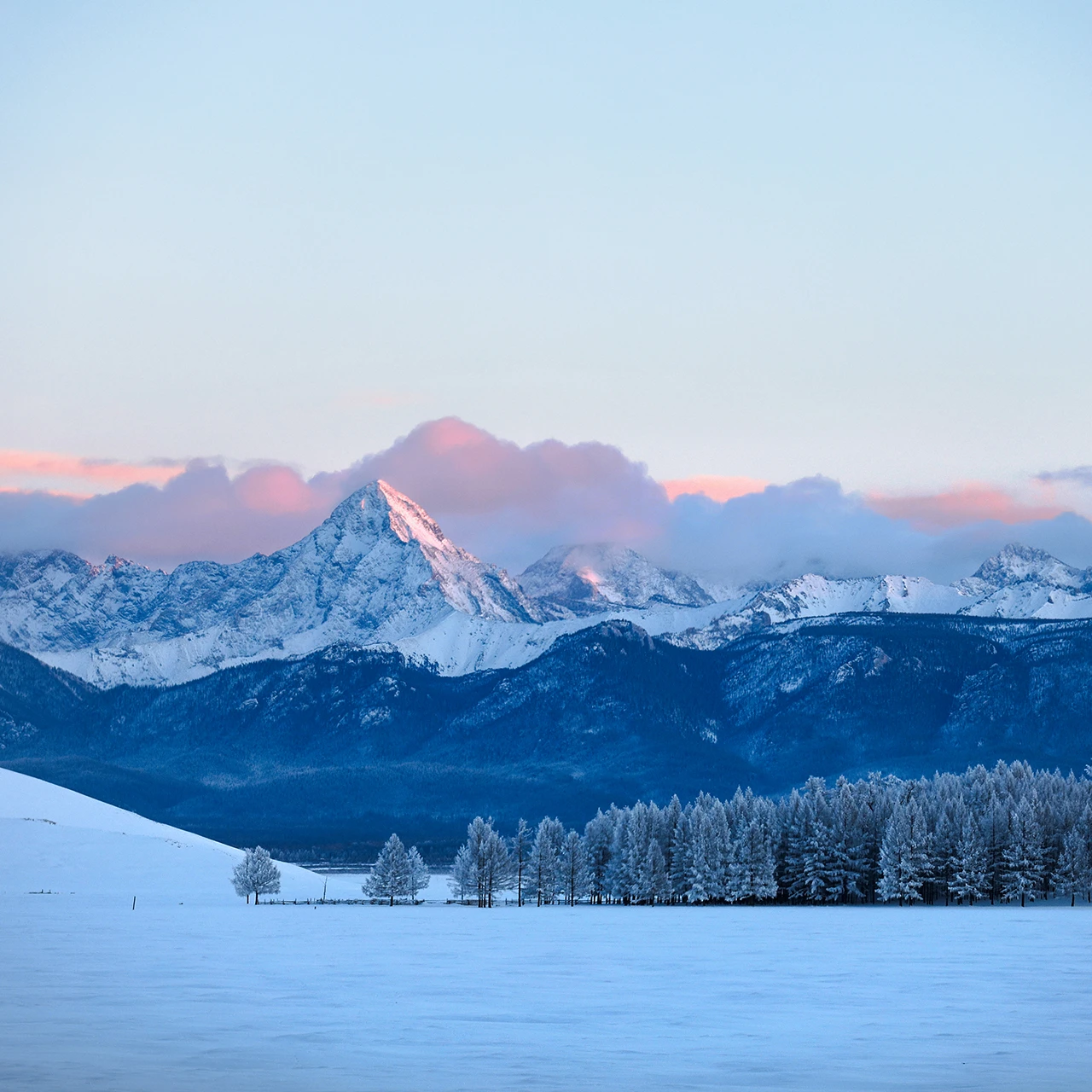 Winter - Lake and trees with snowy mountains in the background
