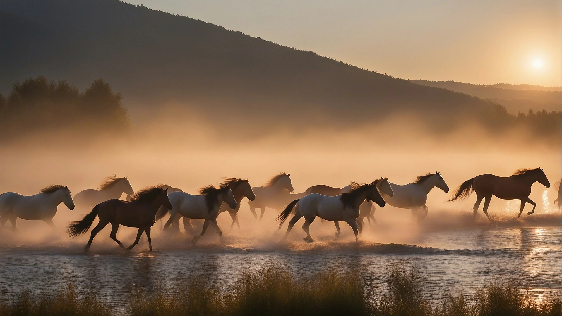 Horses running on a field with a lake on the forefront
